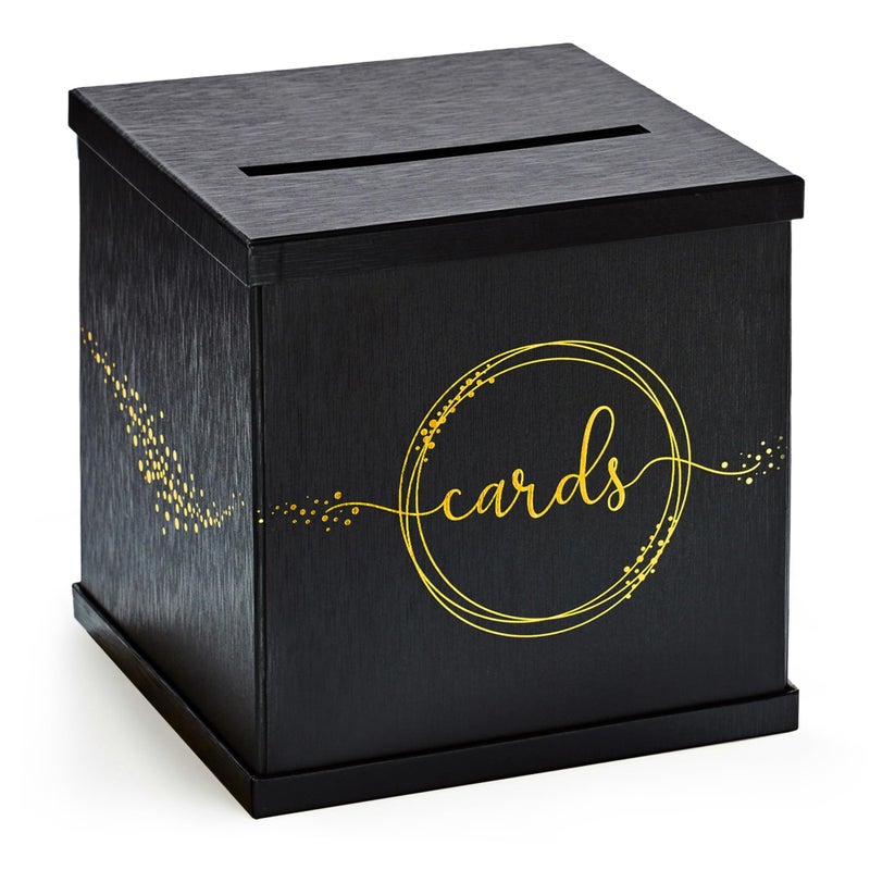 Hayley Cherie Black & Gold Card Box, Large 10â€ Gift Card Holder for Wedding Reception, Graduation Party, Funeral Memorial, Birthday, Bridal & Baby Shower, Retirement, Donation Basket, Money, Envelope Box with Slot - Image 1